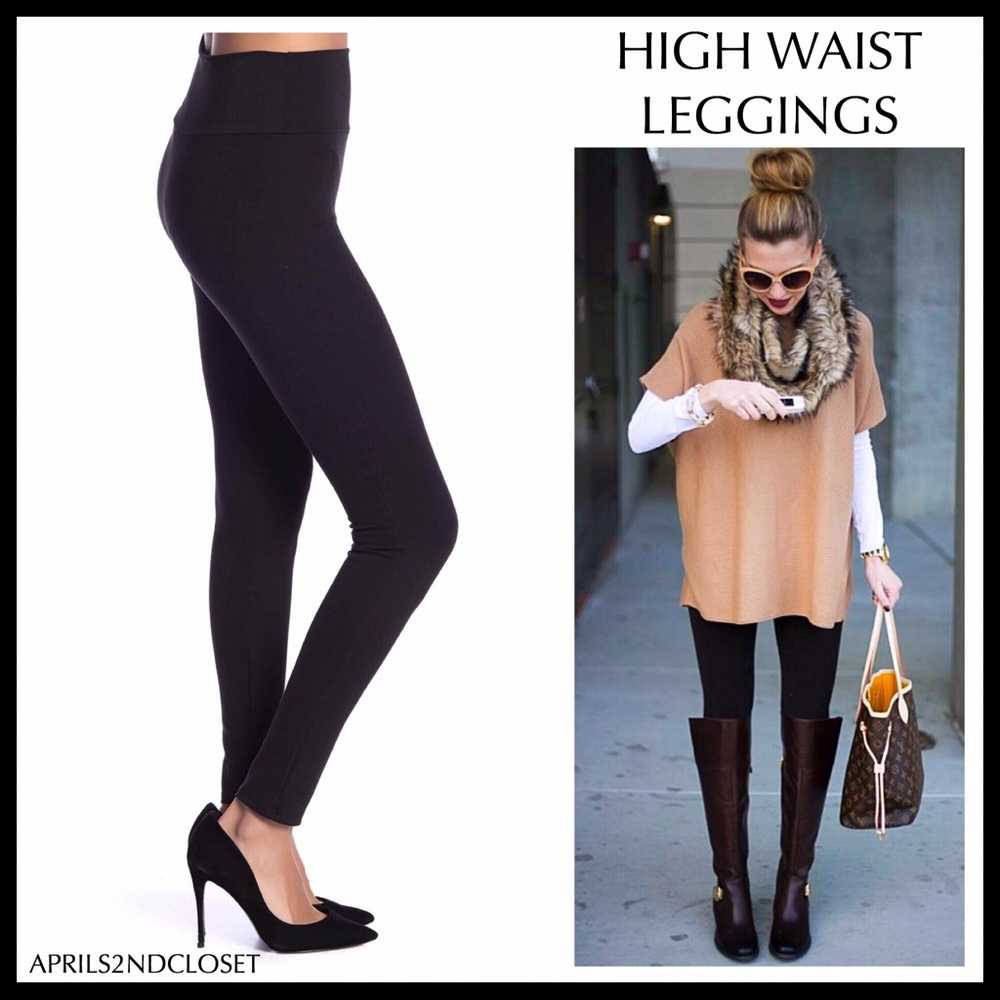 BLACK HIGH WAIST LEGGINGS OPAQUE KNIT PANTS A3C - Picture 7 of 7